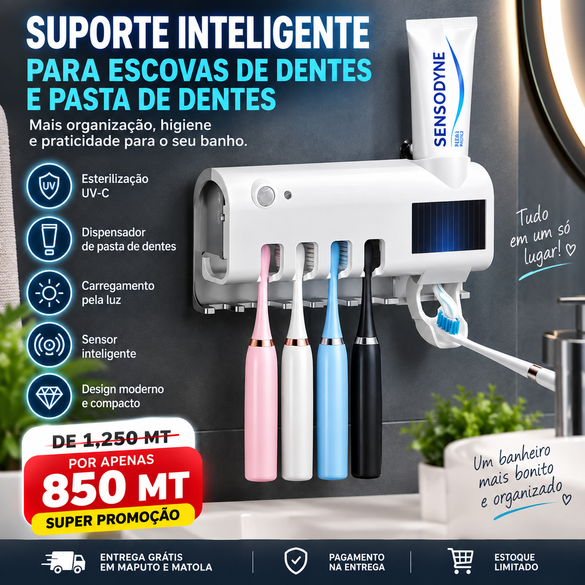 Suporte Inteligente para Escovas e Pastas de Dentes 3 em 1