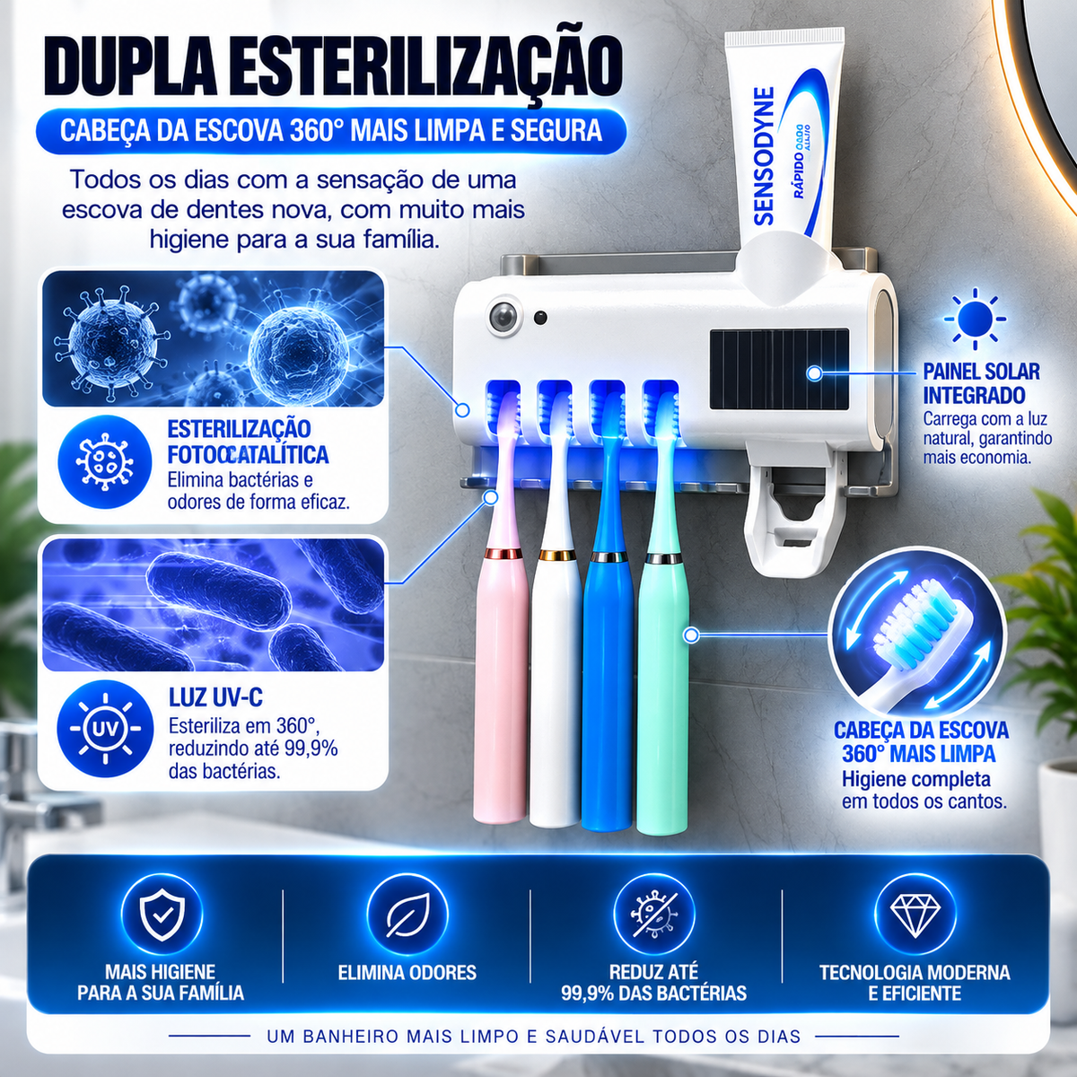 Suporte Inteligente para Escovas e Pastas de Dentes 3 em 1