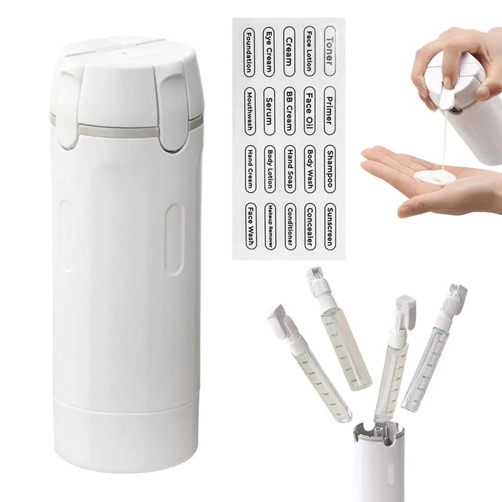 Dispensador de viagem 4 em 1, frascos portáteis à prova de vazamentos para perfume, xampu, condicionador e loção.