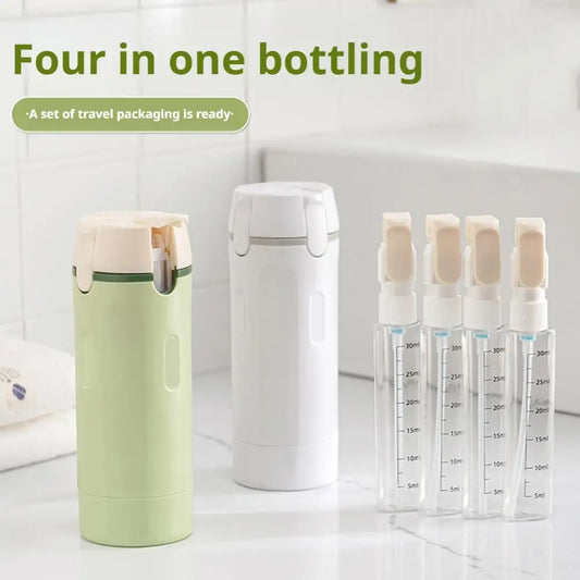 Dispensador de viagem 4 em 1, frascos portáteis à prova de vazamentos para perfume, xampu, condicionador e loção.