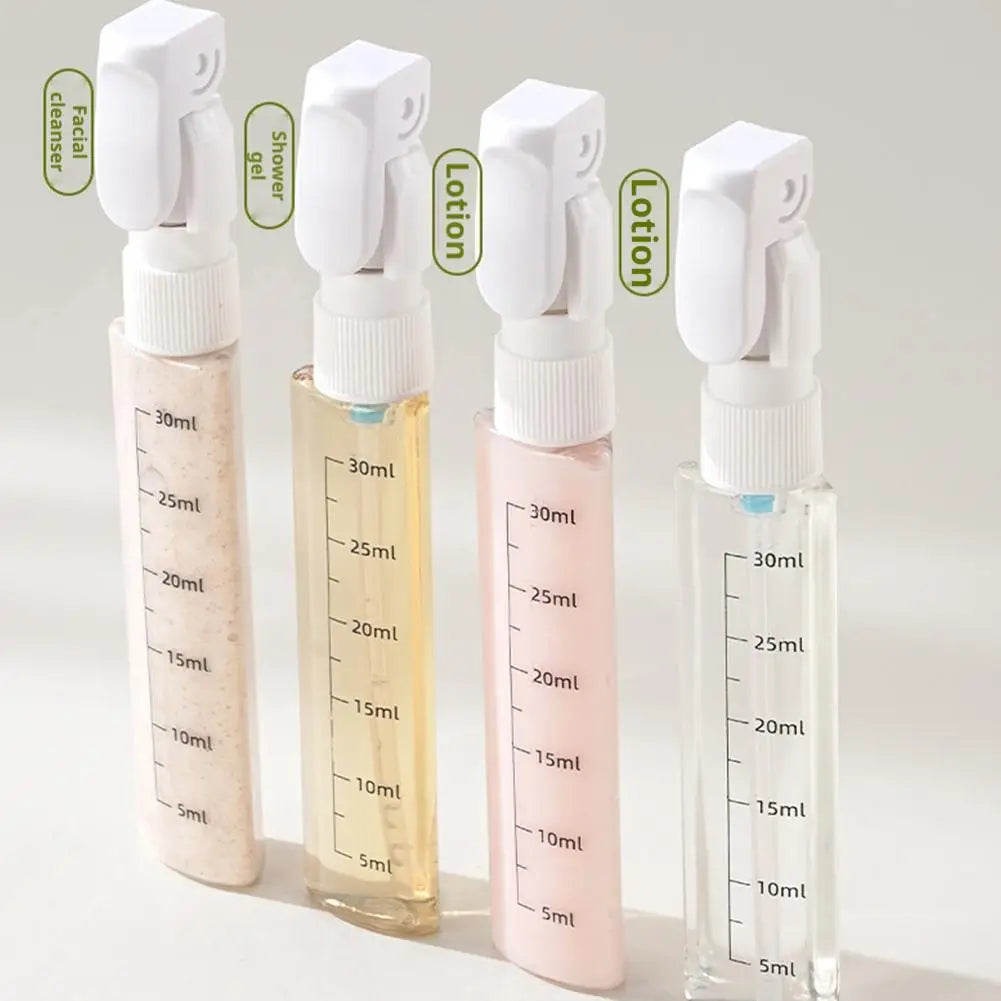 Dispensador de viagem 4 em 1, frascos portáteis à prova de vazamentos para perfume, xampu, condicionador e loção.